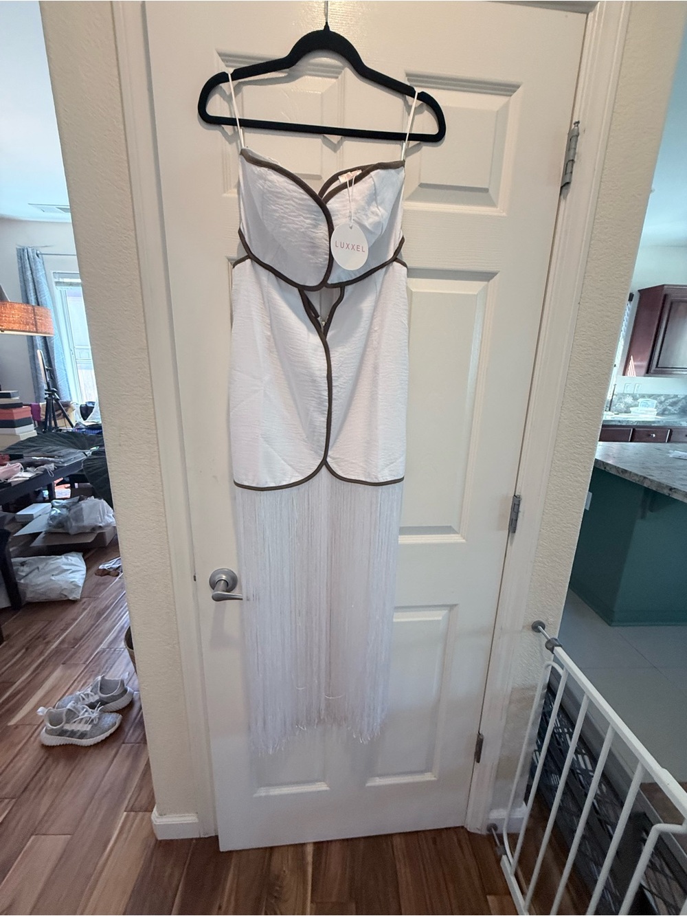 Luxxel White Mini Dress with Brown Trim and Fringe